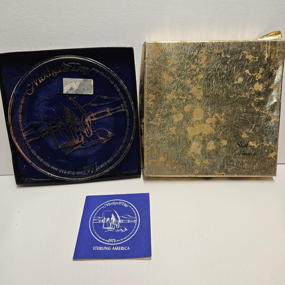 Vintage 1971 Sterling America Mothers Day Silver on Glass Horse Plate 8in Box